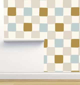 Freehand Checkers Gold Blue Bone on Cream by Hummbird Creative