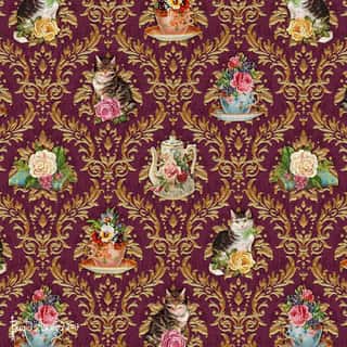 Teatime Cats Damask Wall Mural