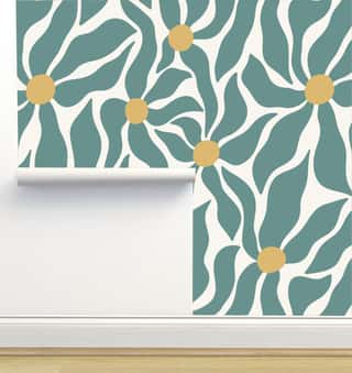 Funky Floral Teal and Gold on Cream by Hummbird Creative
