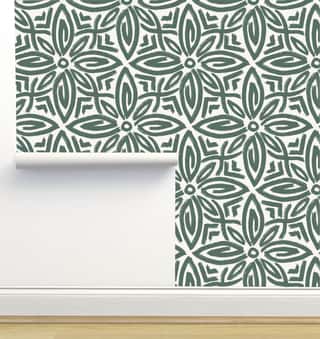 Geometric Blossoms Mossy Green on Cream by Hummbird Creative