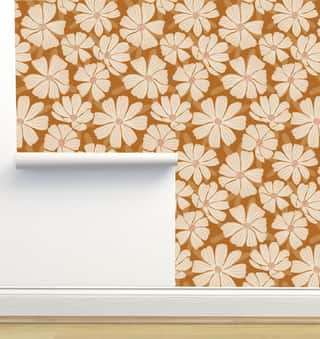 Cosmos Floral on Copper Wallpaper by Erin Kendal