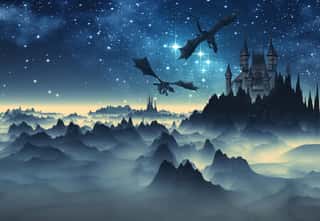 3D Created And Rendered Fantasy Landscape With Dragons And A Castle Wall Mural