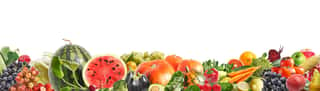 Banner From Various Vegetables And Fruits Isolated On White Background, Collage  Concept Of Healthy Eating, Food Background  Border Of Vegetables With Space For Text  Wall Mural