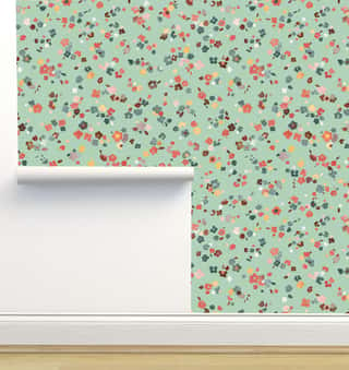 Ditsy Flowers Mint Green Wallpaper by Ninola Designs