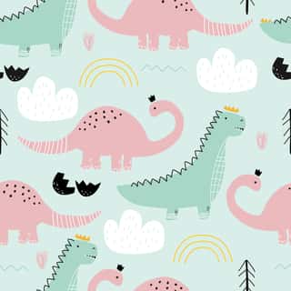 Seamless Pattern With Dinosaurs On Colored Background  Vector Illustration For Printing On Fabric, Postcard, Wrapping Paper, Gift Products, Wallpaper, Clothing  Cute Baby Background  Wall Mural