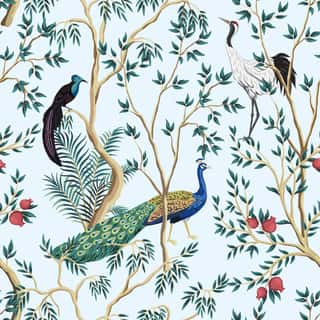 Vintage Garden Pomegranate Fruit Tree, Exotic Bird, Peacock Floral Seamless Pattern Blue Background  Exotic Chinoiserie Wallpaper  Wall Mural