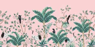 Vintage Garden Tree, Banana Tree, Plant, Crane, Parrot, Bird Floral Seamless Border Pink Background  Exotic Chinoiserie Wallpaper  Wall Mural