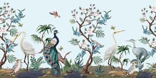 Border In Chinoiserie Style With Herons, Peacock And Peonies  Vector - Wall Mural