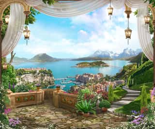 View From The Balcony On The Coast Of Italy With White Curtains, Lanterns And A Beautiful Garden  Digital Fresco  Wallpaper  Wall Mural