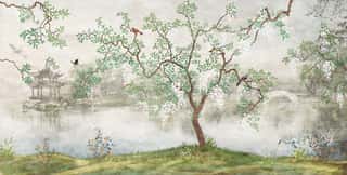 Tree By The Lake  Misty Landscape  Tree With Birds In The Japanese Garden  The Mural, Wallpaper For Interior Printing Wall Mural