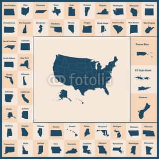 Outline Map Of The United States Of America  50 States Of The USA  US Map With State Borders  Silhouettes Of The USA And Guam, Puerto Rico, US Virgin Islands  Wall Mural