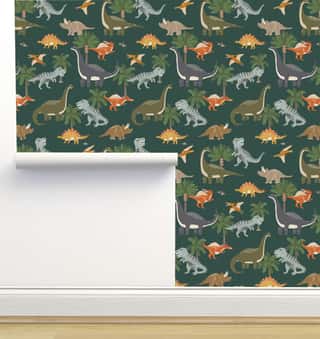 Colorful Dinosaurs on Green Wallpaper by Erin Kendal