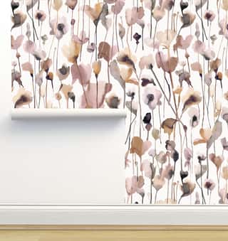 Watercolor Wild Flowers Neutral Wallpaper by Ninola Designs