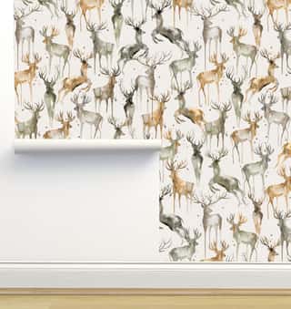 Watercolor Wintery Deers Beige Wallpaper by Ninola Designs