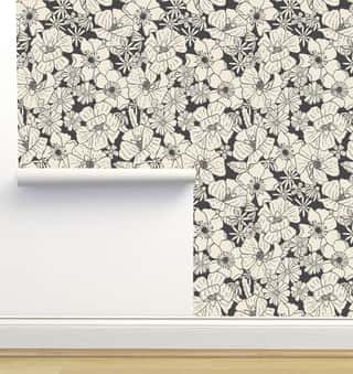 Retro Floral in Charcoal Black Wallpaper by Erin Kendal
