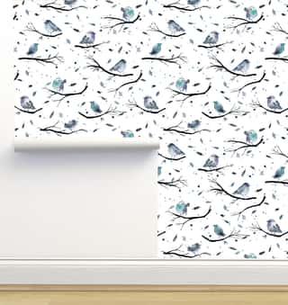 Birds Tree Branches Blue Wallpaper by Ninola Designs
