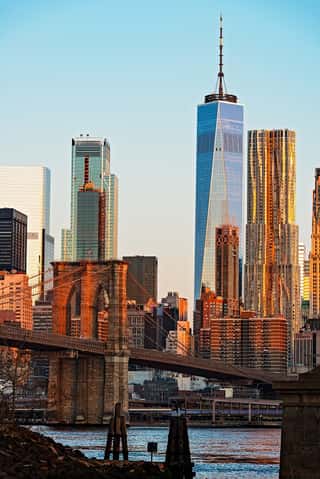 Brooklyn Bridge View with One World Trade Center at Sunrise Wall Mural