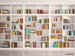 3d Illustration Of White Bookshelves With Various Colorful Books Wall Mural
