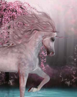 Cherry Blossom Unicorn - The Unicorn Horse Is A Mythical Creature With A Horn On It\'s Forehead And Cloven Hoofs And Lives In The Magical Forest  Wall Mural