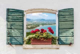Sea View Through The Open Window With Flowers Wall Mural