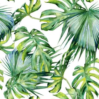 Seamless Watercolor Illustration Of Tropical Leaves, Dense Jungle  Hand Painted  Banner With Tropic Summertime Motif May Be Used As Background Texture, Wrapping Paper, Textile Or Wallpaper Design  Wall Mural