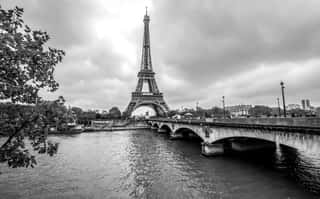 Paris Eiffel Tower From Seine  Cityscape In Black And White Wall Mural