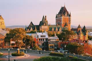 Frontenac Castle In Old Quebec City In The Beautiful Sunrise Light  Travel, Vacation, History, Cityscape, Nature, Summer, Hotels And Architecture Concept Wall Mural