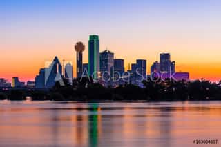 Dallas Skyline At Sunrise With Water Reflections Wall Mural