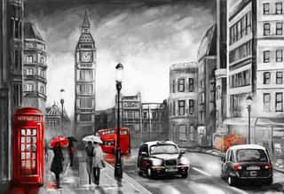 Oil Painting On Canvas, Street View Of London  Artwork  Big Ben  Couple And Red Umbrella, Bus And Road, Telephone  Black Car - Taxi  England Wall Mural