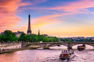Sunset View Of Eiffel Tower And Seine River In Paris, France Wall Mural