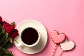 Gingerbread Hearts, Red Roses And A Cup Of Coffee On A Pink Background  Wall Mural