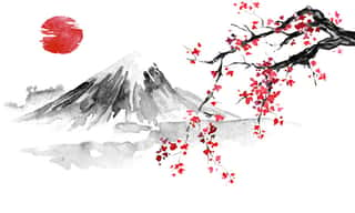 Japan Traditional Sumi-e Painting  Indian Ink Illustration  Japanese Picture  Sakura, Sun And Mountain Wall Mural