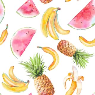 Watercolor Exotic Fruit Seamless Pattern  Hand Drawn Texture With Bananas, Pineapple And Watermelon On White Background  Summer Wallpaper Design Wall Mural