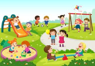 Happy Children Playing In Playground Wall Mural