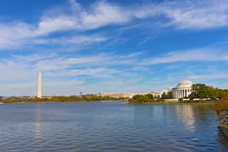 Washington DC Panorama In Autumn With Thomas Jefferson Memorial And Washington Monument  The Tidal Basin Landscape In Fall Under High Cloudy Skies  Wall Mural