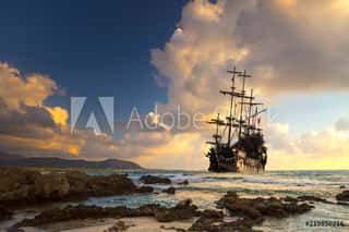Old Ship Silhouette In Sunset Scenery, Italy Wall Mural