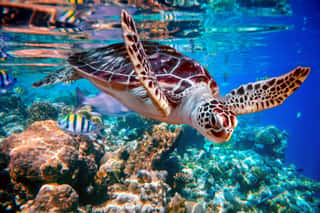 Sea Turtle Swims Under Water On The Background Of Coral Reefs Wall Mural