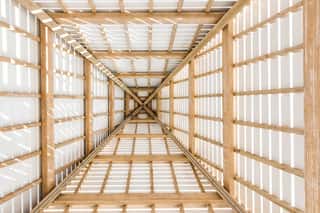 Looking Up Abstract Low Angle Of Wooden Pavilion Tower Roof Ceiling Closeup By Beach Ocean Gazebo In Florida, Architecture, View Wall Mural