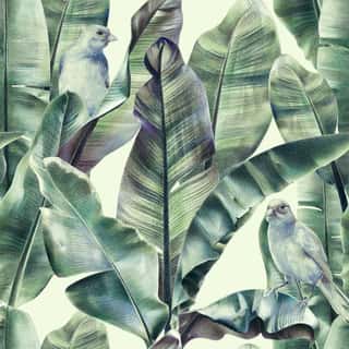 Seamless Pattern With Banana Leaves And Exotic Birds On A Gentle Beige Background  Tropical Background In Tinted Green Colors For Fabrics, Wallpapers, Textiles  Illustration With Colored Pencils  Wall Mural