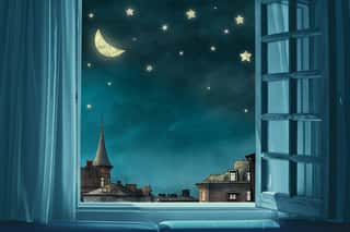Surreal Fairy Tale Art Background, View From Room With Open Window, Night Sky With Moon And Stars, Copy Space, Wall Mural