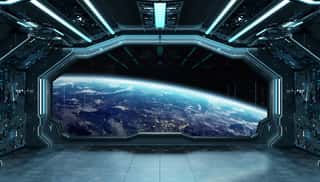 Dark Blue Spaceship Futuristic Interior With Window View On Planet Earth 3d Rendering Wall Mural