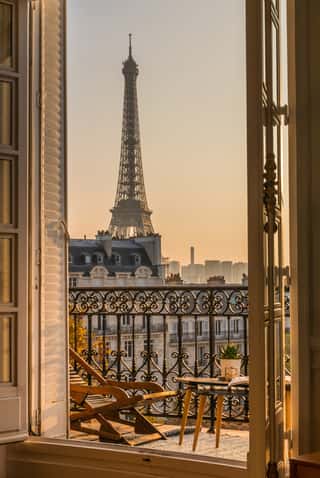 Beautiful Paris Balcony At Sunset With Eiffel Tower View  Wall Mural