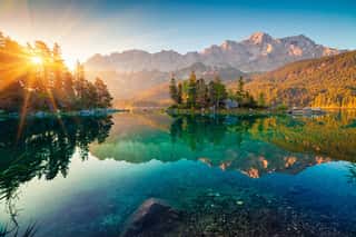 Impressive Summer Sunrise On Eibsee Lake With Zugspitze Mountain Range  Sunny Outdoor Scene In German Alps, Bavaria, Germany, Europe  Beauty Of Nature Concept Background  Wall Mural