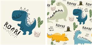 Set Of Cute Dinosaur Print And Seamless Pattern With Dinosaurs  Vector Illustration Wall Mural