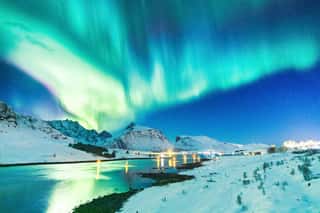 Lofoten Islands, Norway  Amazing Winter Landscape - Aurora Borealis Natural Wonder Making Dramatic Night Sky On March  Northern Lights Over Polar Circle  Wall Mural
