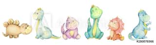 Watercolo,  Little Dinosaur  Isolated Set Wall Mural