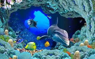 3d Illustration  Wallpaper Under Sea Dolphin, Fish, Tortoise, Coral Reefsand Water With Broken Wall Bricks Background  Will Visually Expand The Space In A Small Room, Bring More Light And Become An Ac Wall Mural