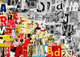 Collage Of Many Numbers And Letters Ripped Torn Advertisement Street Posters Grunge Creased Crumpled Paper Texture Background Placard Backdrop Surface Wall Mural