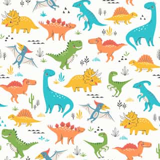 Seamless Pattern Of Cute Colorful Dinosaurs With Floral And Geometric Elements Wall Mural