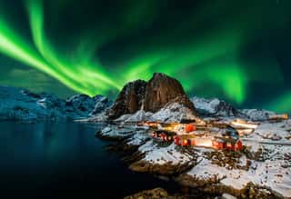 Aurora Borealis Over Hamnoy In Norway    Wall Mural